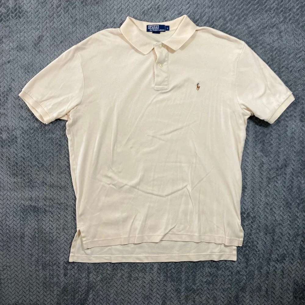 Polo Ralph Lauren Polo Shirt Mens L Classic Fit Cream Embroidered Logo Good